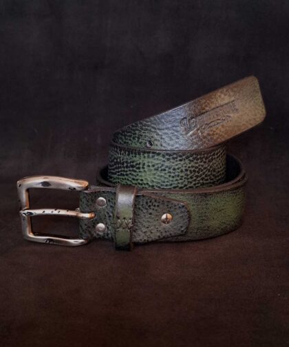 Cinturón de cuero negro/verde con hebilla rústica negra/niq. de 40mm