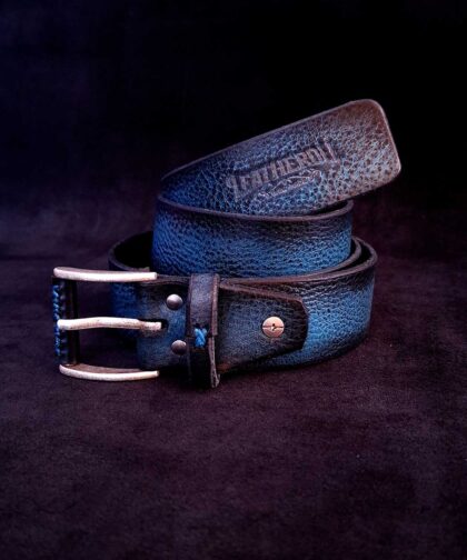 Cinturón de cuero negro/turquesa. con hebilla de plata vieja/turq de 40mm